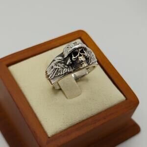 Biker Helmet Skull and Wings Sterling Silver Ring size 9
